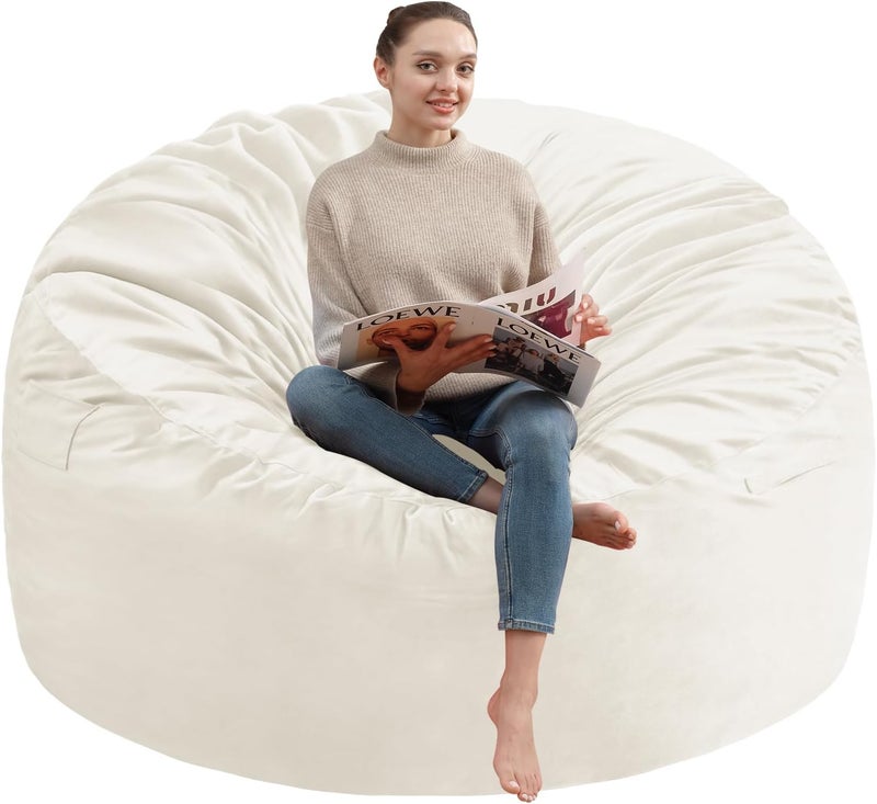 SIMFLAG 3FT Bean Bag Chair, Comfy Bean Bag Chairs with Memory Foam Filled, Fluffy Beanbag Sofa with Dutch Velvet Cover, Round BeanBag Chairs for Living Room, Playroom - Beige - Image 1